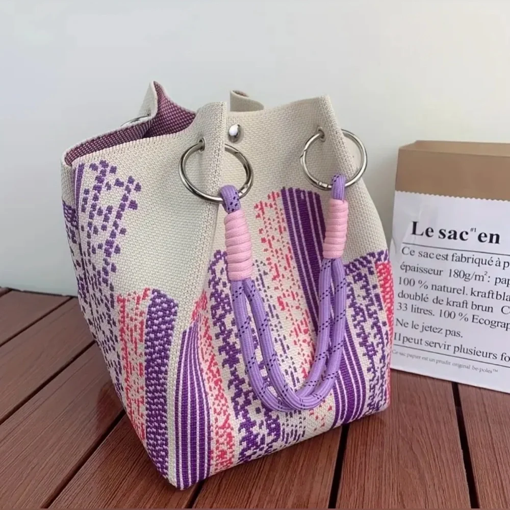 NWOT Stylish Purple and Pink Embroidered Knit Women's Bag